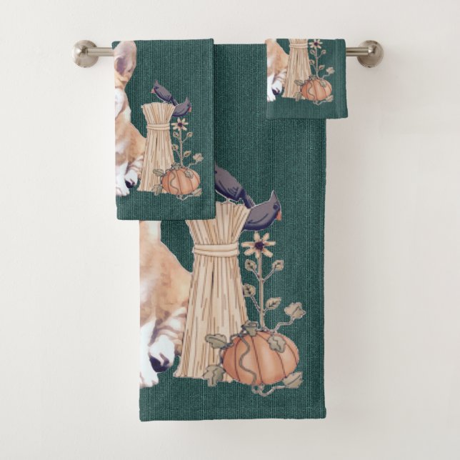 Corgi Puppy in Autumn Bath Towel Set (Insitu)
