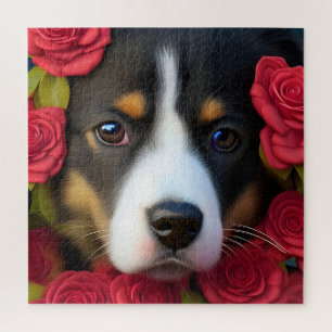Corgi Puppy in red roses Jigsaw Puzzle