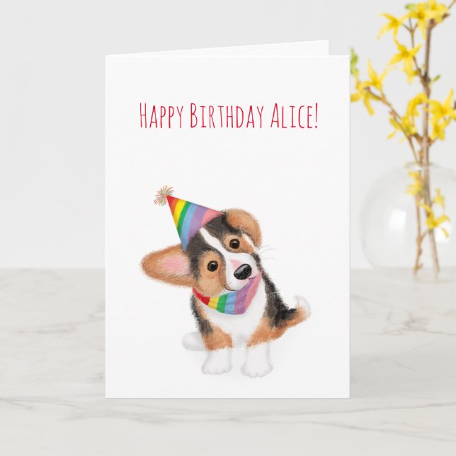 Corgi puppy personalized birthday card (Yellow Flower)
