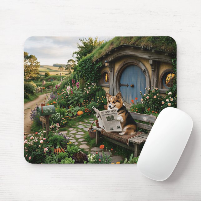 Corgi reading local newspaper in garden mouse pad (With Mouse)