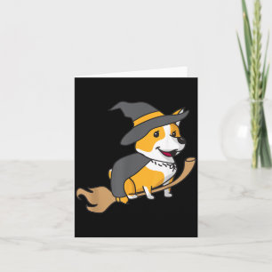 Corgi Riding Broomstick Funny Halloween Dog Card