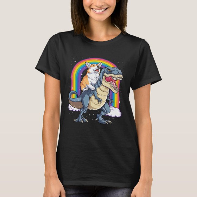 Corgi Riding Dinosaur rex  Men Women Rainbow T-Shirt (Front)