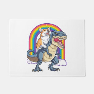 Corgi Riding Dinosaur T rex Shirt Funny Rainbow Do Doormat