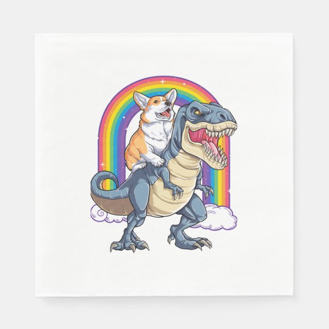 Corgi Riding Dinosaur T rex Shirt Funny Rainbow Do Napkin (Front)