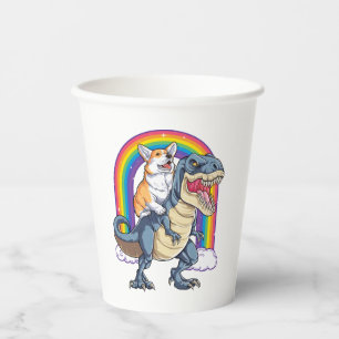 Corgi Riding Dinosaur T rex Shirt Funny Rainbow Do Paper Cups