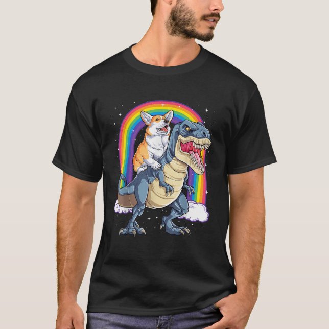 Corgi Riding Dinosaur T rex T-Shirt (Front)