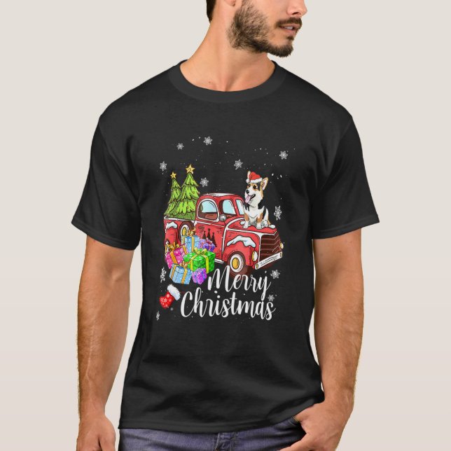 Corgi Riding Red Truck Xmas Merry Christmas T-Shirt (Front)