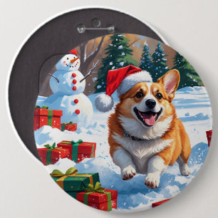 Corgi Running in Snow with Christmas Hat 6 Cm Round Badge