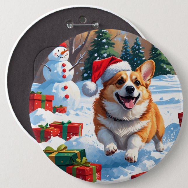 Corgi Running in Snow with Christmas Hat 6 Cm Round Badge (Front & Back)