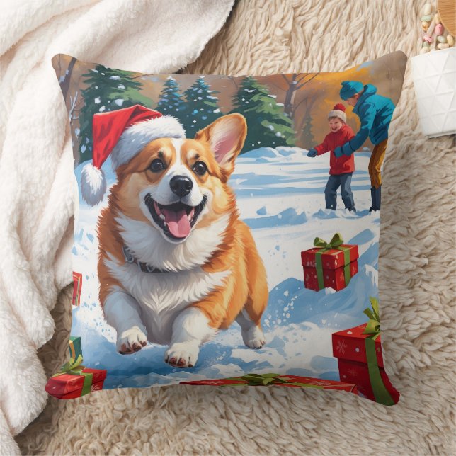 Corgi Running in Snow with Christmas Hat Cushion (Blanket)