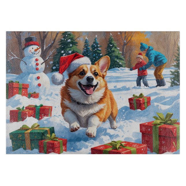 Corgi Running in Snow with Christmas Hat Cutting Board (Front)