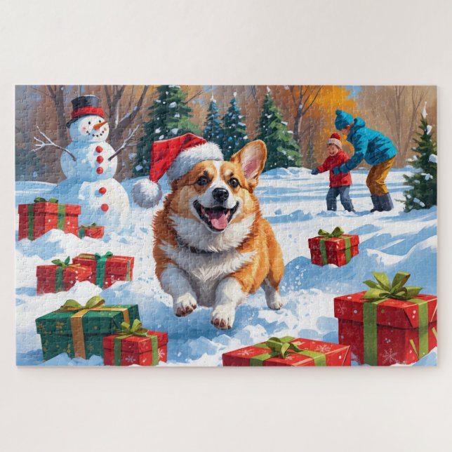 Corgi Running in Snow with Christmas Hat Jigsaw Puzzle (Horizontal)