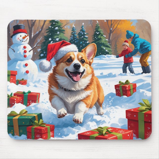 Corgi Running in Snow with Christmas Hat Mouse Pad (Front)