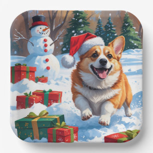 Corgi Running in Snow with Christmas Hat Paper Plate