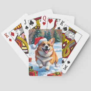 Corgi Running in Snow with Christmas Hat Playing Cards