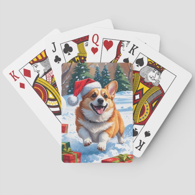 Corgi Running in Snow with Christmas Hat Playing Cards (Back)