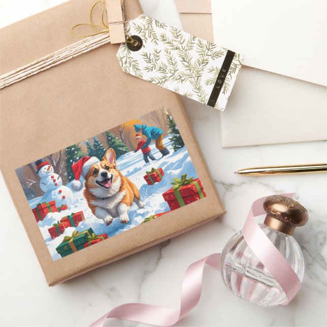 Corgi Running in Snow with Christmas Hat Rectangular Sticker (Gifting)