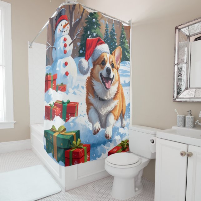 Corgi Running in Snow with Christmas Hat Shower Curtain (In Situ)