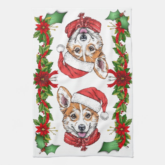 Corgi Santa Christmas Tea Towel (Vertical)