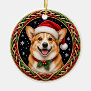 Corgi Santa Hat Celtic Knot Christmas Ceramic Tree Decoration
