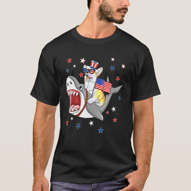 Corgi Shark 4th Of July Dog Mum Dad Puppy T-Shirt (Front)