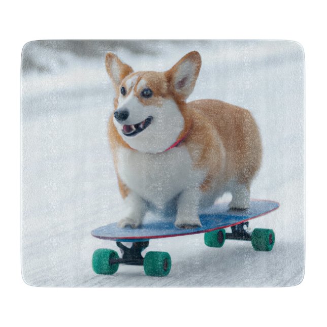 corgi skateboarding winter joy cutting board (Front)