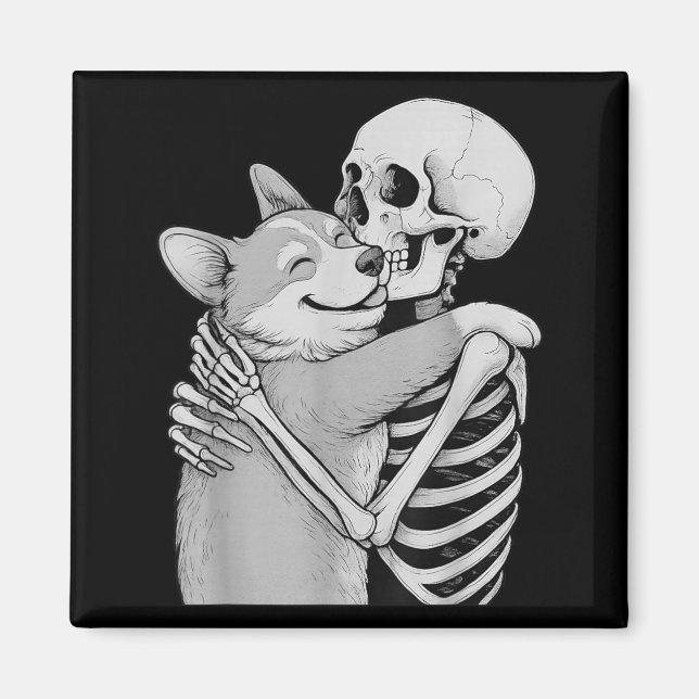 Corgi Skeleton Hug Halloween Dog Lover Magnet (Front)