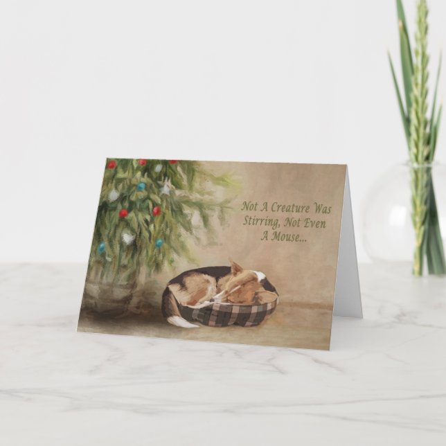 Corgi sleeping under Christmas Tree Holiday Card (Front)