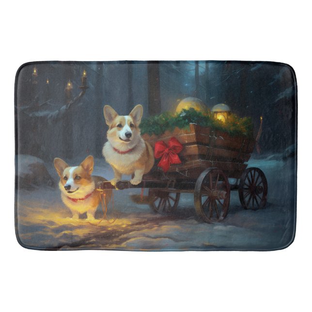 Corgi Snowy Sleigh Christmas Decor  Bath Mat (Front)