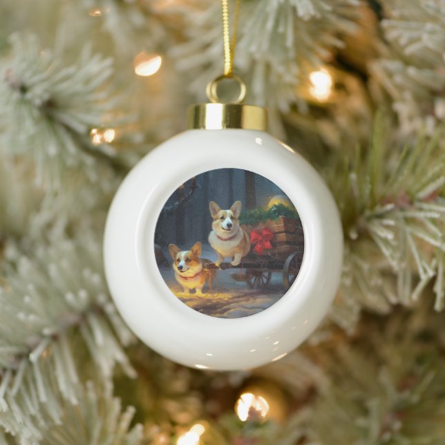 Corgi Snowy Sleigh Christmas Decor  Ceramic Ball Christmas Ornament (Tree)