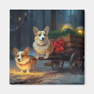 Corgi Snowy Sleigh Christmas Decor  Magnet