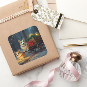 Corgi Snowy Sleigh Christmas Decor  Square Sticker