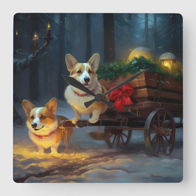 Corgi Snowy Sleigh Christmas Decor  Square Wall Clock (Front)