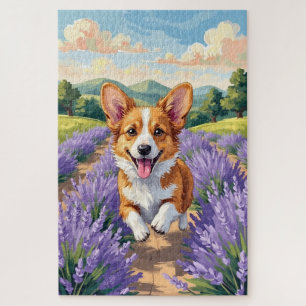 Corgi Spring Lavender Field Cute Dog Jigsaw Puzzle