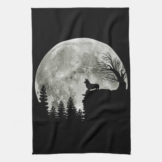 Corgi Standing On Mountain Moonlight Halloween Tea Towel (Vertical)