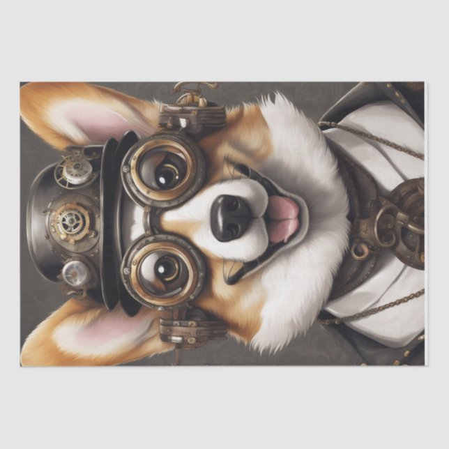 Corgi Steampunk Dreams: A Mechanical Decoupage Tissue Paper (Front)