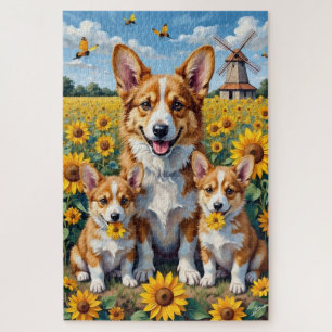 Corgi Sunflower Field Art Jigsaw Puzzle