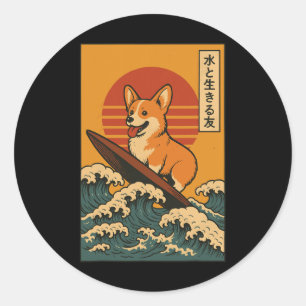 Corgi Surfing Japanese Classic Round Sticker