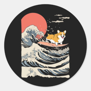Corgi Surfing Japanese Wave _3 Classic Round Sticker