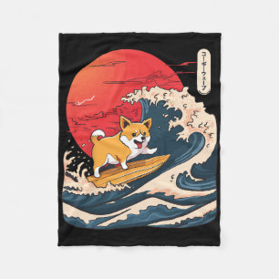 Corgi Surfing Japanese Wave _4 Fleece Blanket