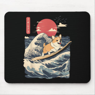Corgi Surfing Japanese Wave  Mouse Pad