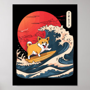 Corgi Surfing Japanese Wave Poster