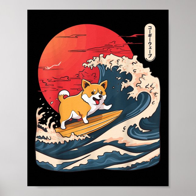 Corgi Surfing Japanese Wave  Poster (Front)