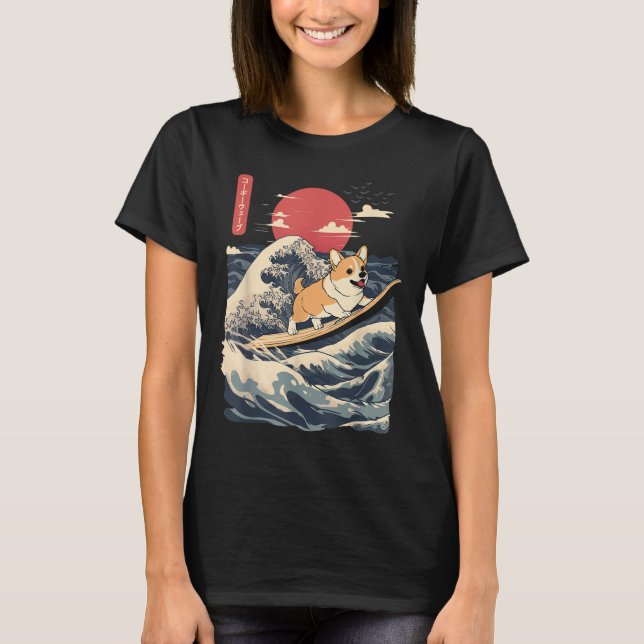 Corgi Surfing Japanese Wave  T-Shirt (Front)