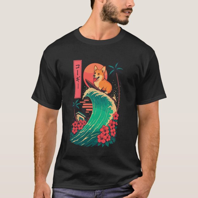 Corgi Surfing Japanese Wave T-Shirt (Front)