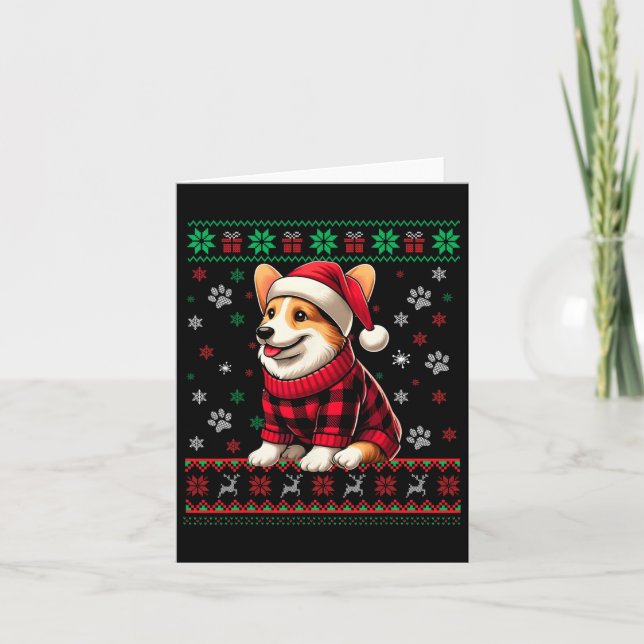 Corgi Ugly Christmas Funny Santa Hat Buffalo Plaid Card (Front)