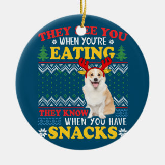 Corgi Ugly Christmas They See You're Eating Xmas Ceramic Tree Decoration