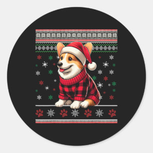 Corgi Ugly Funny Christmas Santa Hat Buffalo Plaid Classic Round Sticker