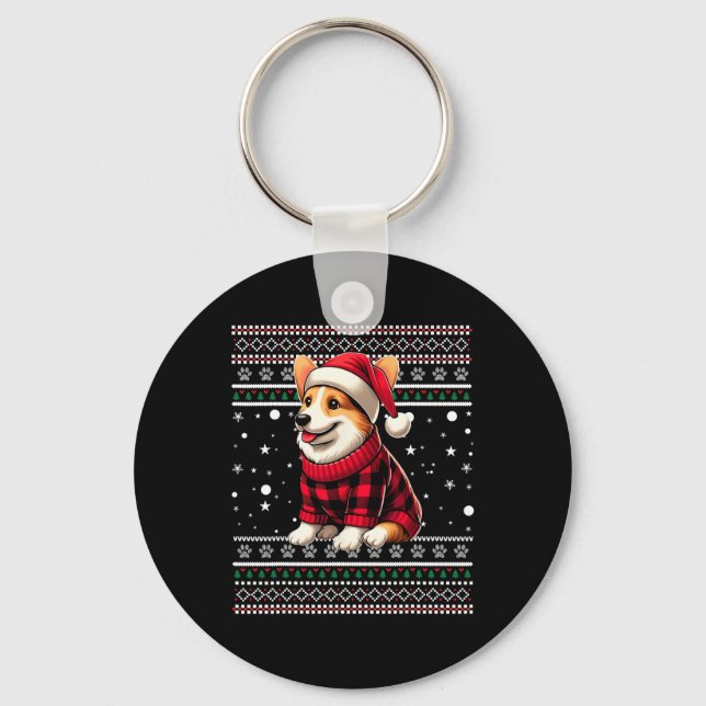 Corgi Ugly Funny Santa Hat Buffalo Plaid Christmas Key Ring (Front)