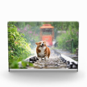 Corgi walking on train tracks photo block
